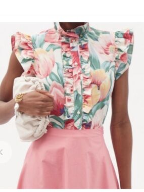 Batsheva Floral Ruffle Cap-Sleeve Blouse in Pink, Green, Yellow
